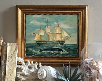 American Whaling Ship with Sperm Whale Framed Oil Painting Print on Canvas, Nautical Print, Framed Ship Print, Coastal Decor