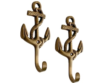 Set of 2 Anchor Hooks, Antiqued Brass, 4-1/4"