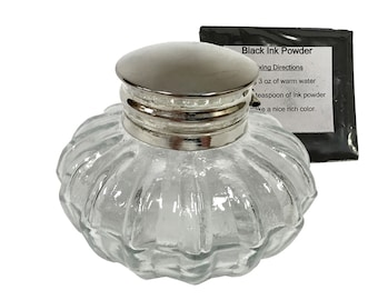 Clear Swirl Inkwell with Ink Powder, Thick Glass, Antique Reproduction, 3"