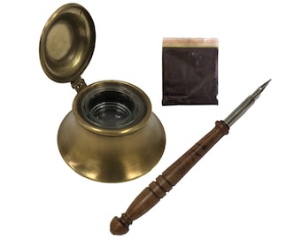 3" Antiqued Brass Inkwell with Removable Glass Bowl, Wood Nib Pen, and Ink Powder