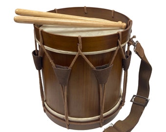 16" Civil-Revolutionary War Style Wooden Marching Drum with Drum Sticks and Strap (No Snares Included), Antique Reproduction