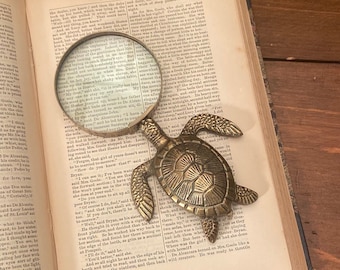7" Antiqued Brass Turtle Magnifying Glass- Antique Vintage Style