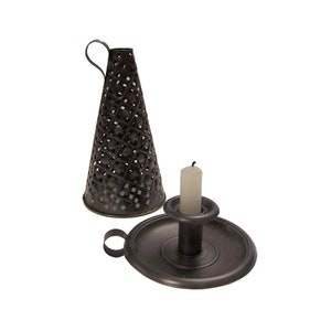 7&quot; Early American Candle Holder with Punched Tin Shade, Antique Vintage Style, Colonial Decor, Primitive Decor, Prim Candle Holder
