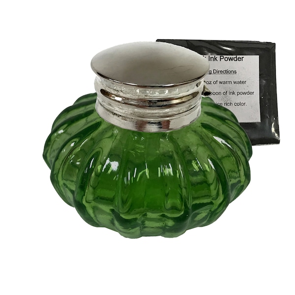 3" Green Swirl Thick Glass Inkwell with Ink- Antique Vintage Style