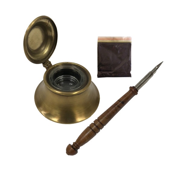 3" Antiqued Brass Inkwell with Removable Glass Bowl, Wood Nib Pen, and Ink Powder