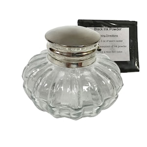 3" Clear Swirl Thick Glass Inkwell with Ink- Antique Vintage Style
