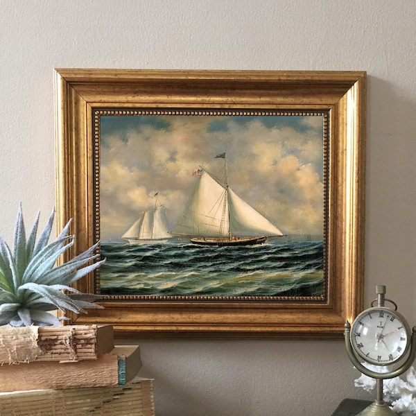 The Sloop 'Maria' Racing the 'America' Framed Canvas Print, Vintage Sailboat Art, America's Cup
