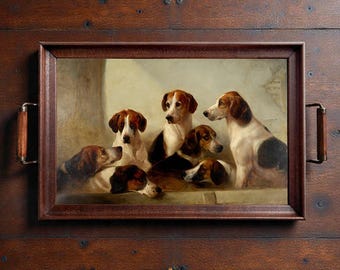 Bandeja decorativa de madera y vidrio con diseño de Fox Hounds, decoración ecuestre inglesa