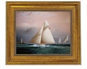 Chiquita Racing Off Boston Lighthouse Framed Oil Painting Print on Canvas in Antiqued Gold Frame