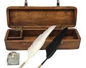 12 quot Colonial Distressed, Teak Wood Quill Pen Writing Pen Box includes Clear Antique Glass Inkwell, Two Feather Quills and Black Ink Powder