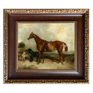 Chestnut Horse with Two Dogs Framed Oil Painting Print on Canvas, Framed Horse Portrait, Equestrian Wall Art, Vintage Horse Print