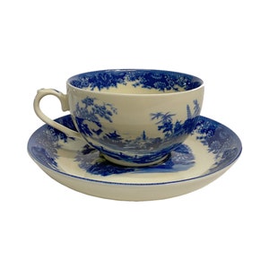 Pagoda Blue Transferware Porcelain Tea Cup and Saucer - Antique Reproduction