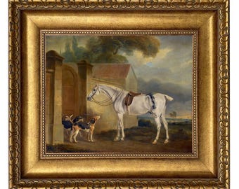Horse and Dog Framed Canvas Print, Vintage Equestrian Wall Art, English Country Decor