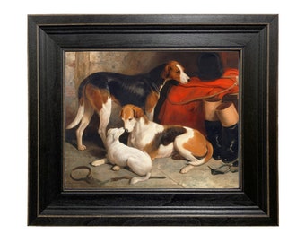 Framed Foxhounds & Terrier Oil Painting Print, Vintage Hunting Dog Art