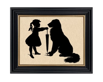 Girl with Dog Framed Paper Cut Silhouette, Victorian, Antique Style, Little Girl's Room, Gallery Wall, Wall Art, Decor