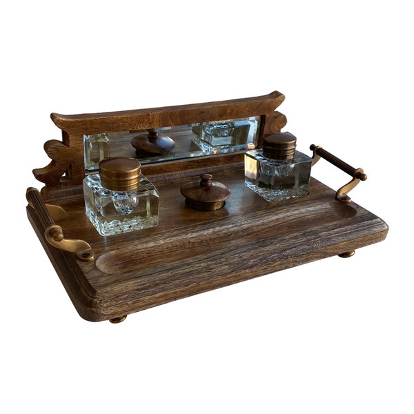 Wood and Brass Inkwell Desk Stand with Cut Glass Inkwells and Ink Powder Canister, Antique Reproduction, Antique Style, Office Decor