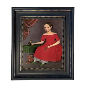 May include: Framed portrait of a young person in a red dress, seated with a bird on a table. The painting has a dark blue frame with gold accents. A teddy bear is at the person's feet.