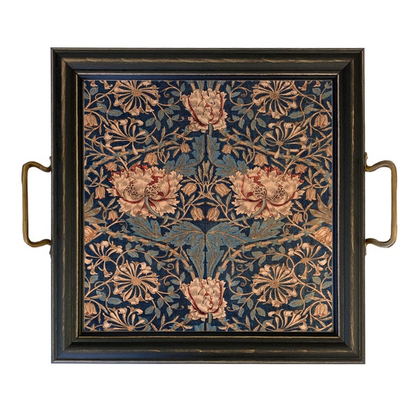 12" William Morris Honeysuckle Decorative Tray with Brass Handles, Ottoman Tray, Nightstand Tray, Coffee Table Tray, Antique Style Decor