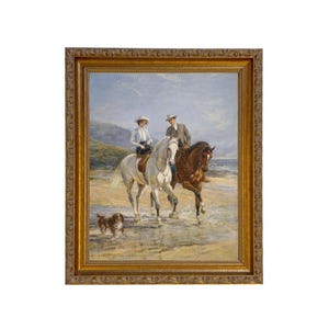 Pleasant Company Couple on Horseback Framed Oil Painting Print on Canvas, Equestrian Print, Beach House Wall Art, Coastal Wall Art