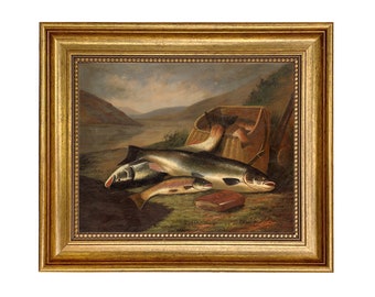 Framed Salmon and Trout Canvas Print, Rustic Cabin Decor, Lakehouse Wall Art