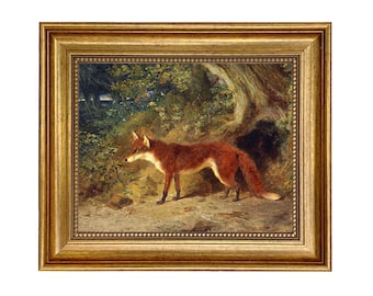 Fox and Feathers Framed Oil Painting Print on Canvas in Antiqued Gold Frame