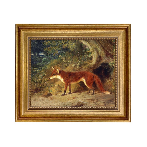 Fox and Feathers Framed Oil Painting Print on Canvas in Antiqued Gold Frame