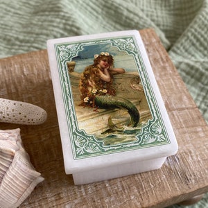 3" Mermaid Daydreaming Printed White Soap Stone Decorative Box, Mermaid Gift, Mermaid Decor, Small Jewelry Box, Ring Box, Keepsake Box