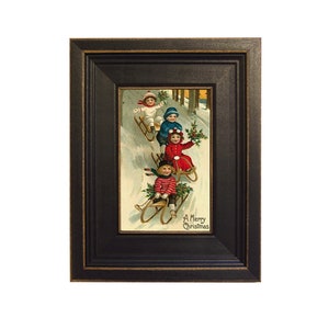 Victorian Children Christmas Sledding Framed Painting Print on Canvas, Holiday, Antique Style, Wall Art, Decor