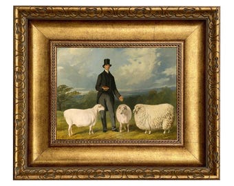 Gentleman anglais avec mouton encadré toile impression, décoration champêtre anglais, art pastoral
