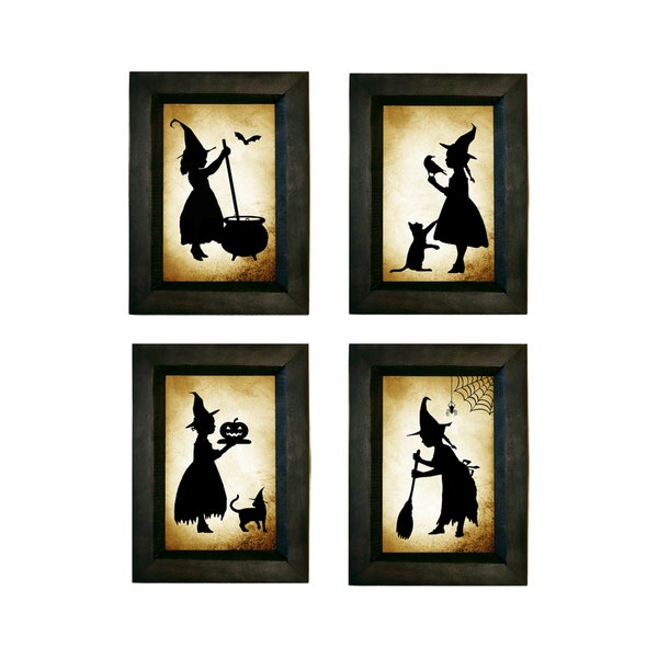 Framed Little Girl Witch Silhouettes, Primitive Halloween Decor, Halloween Gallery Set
