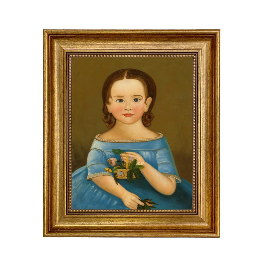 Framed Primitive Folk Art Canvas Print, Girl in Blue Dress, Colonial ...