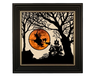 Witch Midnight Ride Across the Moon Framed Paper Cut Silhouette, Halloween Silhouette, Halloween Decor, Witch Silhouette, Vintage Halloween