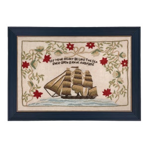 Let Your Heart Be Like The Sea Embroidery Needlepoint Sampler PRINT in Black and Gold Frame