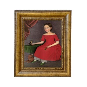 May include: A framed portrait of a young person in a red dress, seated with a small bird and a toy dog. The painting has a gold ornate frame. The person is holding a sprig of greenery. The background includes a green table and a red curtain.