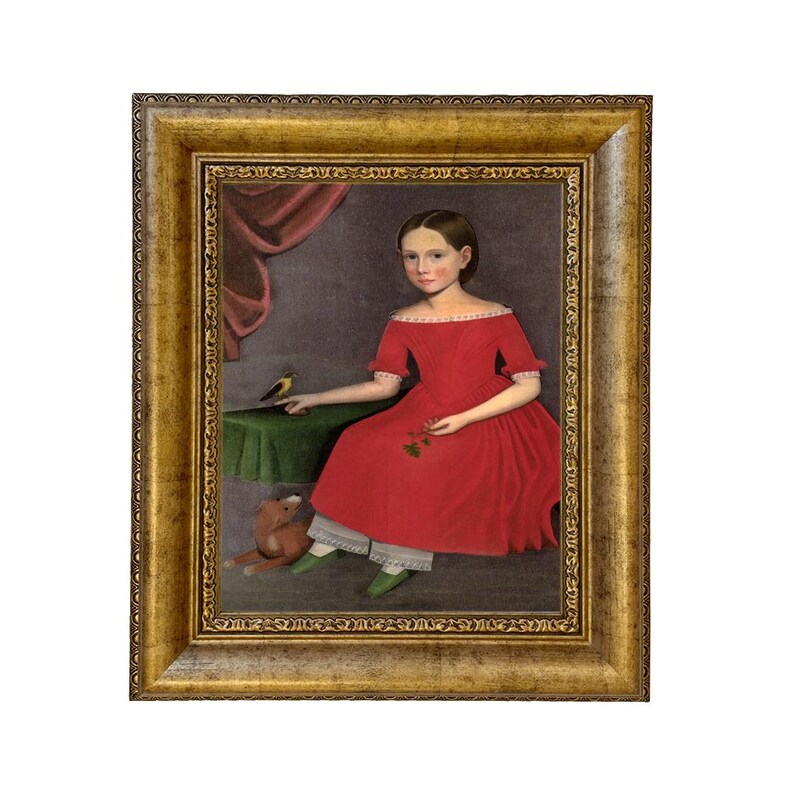 May include: A framed portrait of a young person in a red dress, seated with a small bird and a toy dog. The painting has a gold ornate frame. The person is holding a sprig of greenery. The background includes a green table and a red curtain.