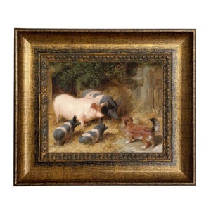 May include: A framed painting depicts a farm scene with pigs and dogs. The pigs are pink and black, and the dogs are black and white, and brown. The painting is set in a barn with hay on the ground.