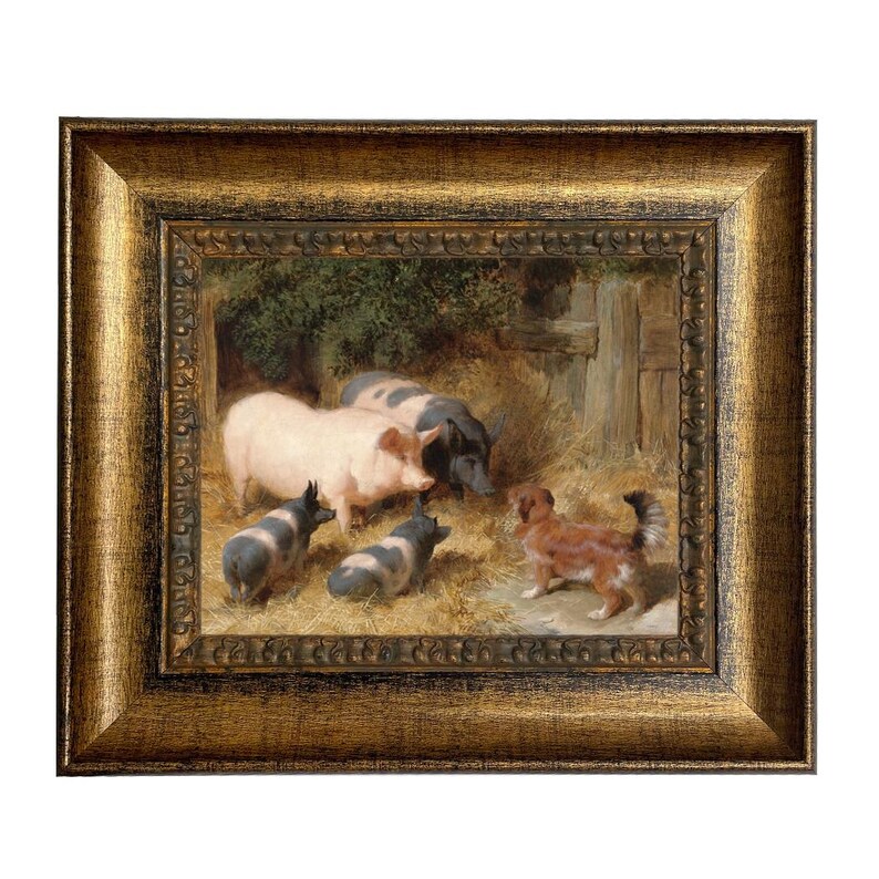 May include: A framed painting depicts a farm scene with pigs and dogs. The pigs are pink and black, and the dogs are black and white, and brown. The painting is set in a barn with hay on the ground.