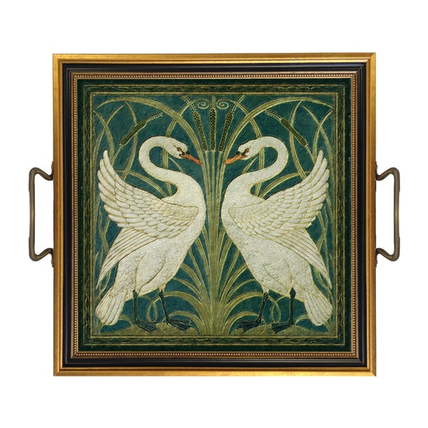 Two White Swans Decorative Tray with Brass Handles, Coffee Table Tray, Ottoman Tray- 2 Sizes!