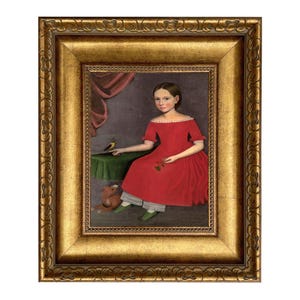 May include: A framed portrait of a young person in a red dress, seated with a small bird and a stuffed animal. The painting has a gold ornate frame and a dark background.