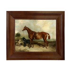 Chestnut Horse with Two Dogs Framed Oil Painting Print on Canvas, Framed Horse Portrait, Equestrian Wall Art, Vintage Horse Print