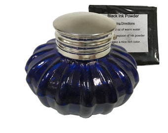 Tintero azul cobalto con tinta en polvo, vidrio grueso, reproducción antigua, 7,6 cm