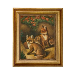 Four Young Foxes Framed Oil Painting Print on Canvas in Antiqued Gold Frame 8" x 10"