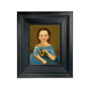 Girl in Blue Dress Framed Oil Painting Print on Canvas, Primitive Folk Art Portrait, Early American Decor, Primitive Decor, Colonial Style