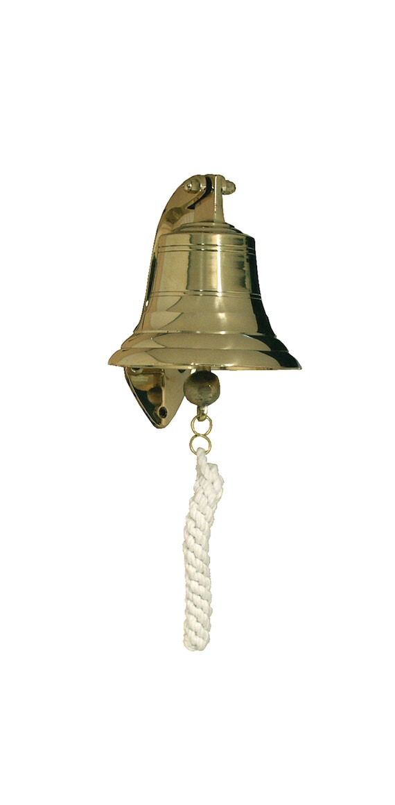Solid Polished Brass 4 Nautical Ship Bell Replica With Hinged Hanging  Bracket and Braided Rope Clapper Handle 