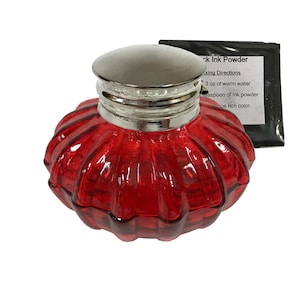 3" Red Swirl Thick Glass Inkwell with Ink- Antique Vintage Style
