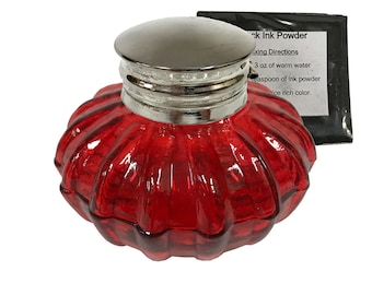 Red Swirl Inkwell with Ink Powder, Thick Glass, Antique Reproduction, 3"
