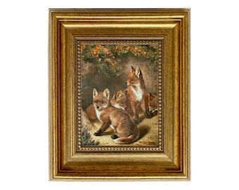 Four Young Foxes Framed Oil Painting Print on Canvas in Antiqued Gold Frame. A 5" x 6" Framed to 8-1/2" x 9-1/2".