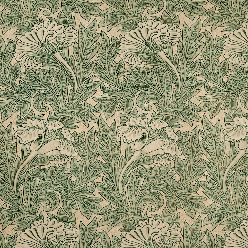 William Morris tulpanbricka med mässingshandtag, vårdekor, grön dekor, soffbordsbricka, byråbricka, engelsk lantlig bild 3