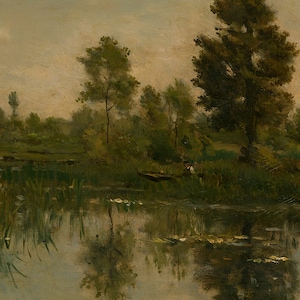 May include: A painting of a tranquil river scene with lush green trees and foliage. The water is calm and reflective, with a small boat and a figure fishing in the distance.