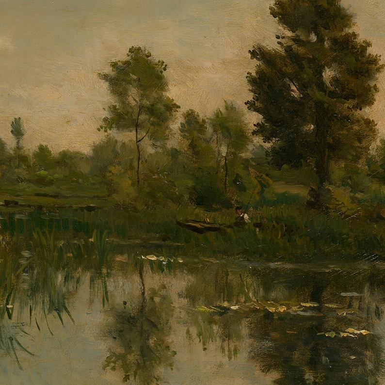 May include: A painting of a tranquil river scene with lush green trees and foliage. The water is calm and reflective, with a small boat and a figure fishing in the distance.